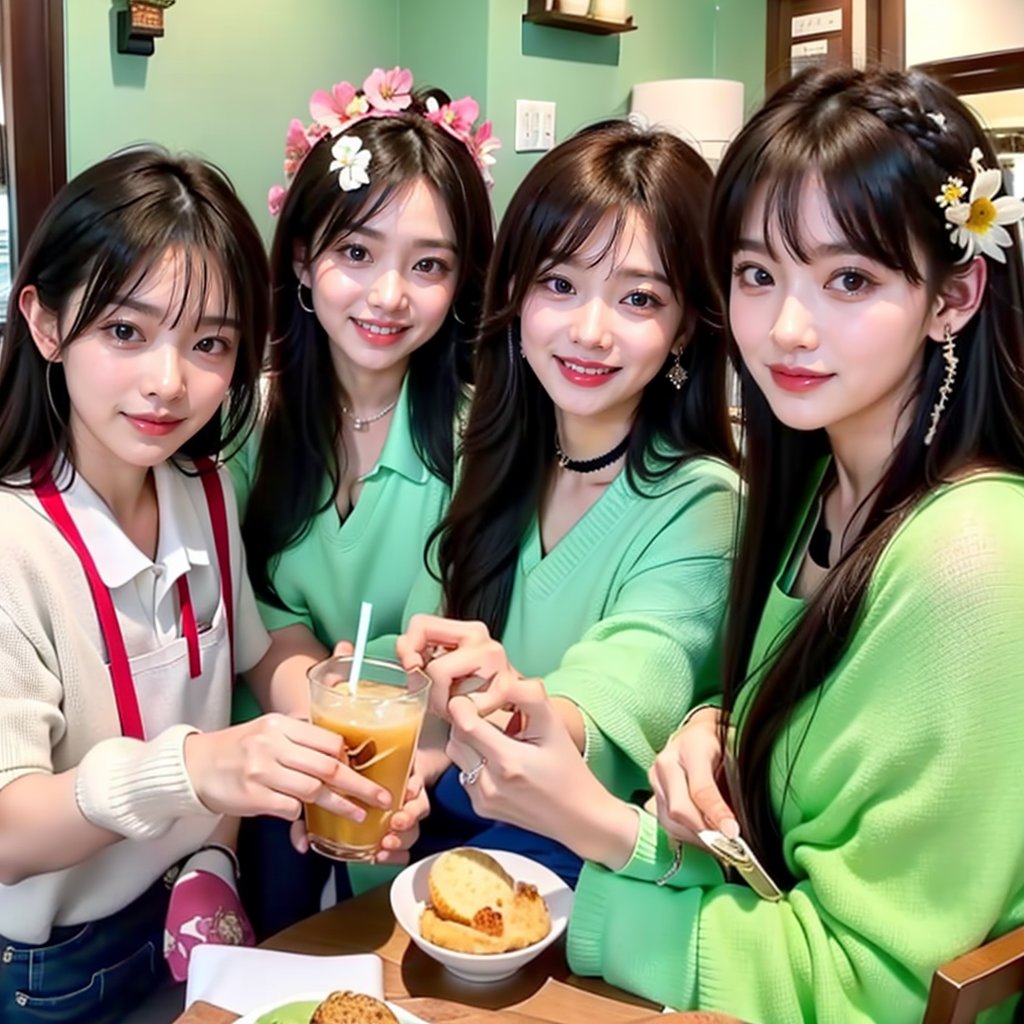 Three girls with long brown hair and bangs sit around a cozy cafe table. One boy stands beside them, holding a spoon in his hand. Multiple girls wear white shirts with short sleeves, adorned with jewelry and hair ornaments featuring flowers. One girl sports a black choker and another wears a green apron. The atmosphere is lively, with cups and plates scattered about. The subjects' bright smiles and playful grins capture the carefree moment. A meme-worthy scene unfolds as they enjoy their food and drinks indoors.