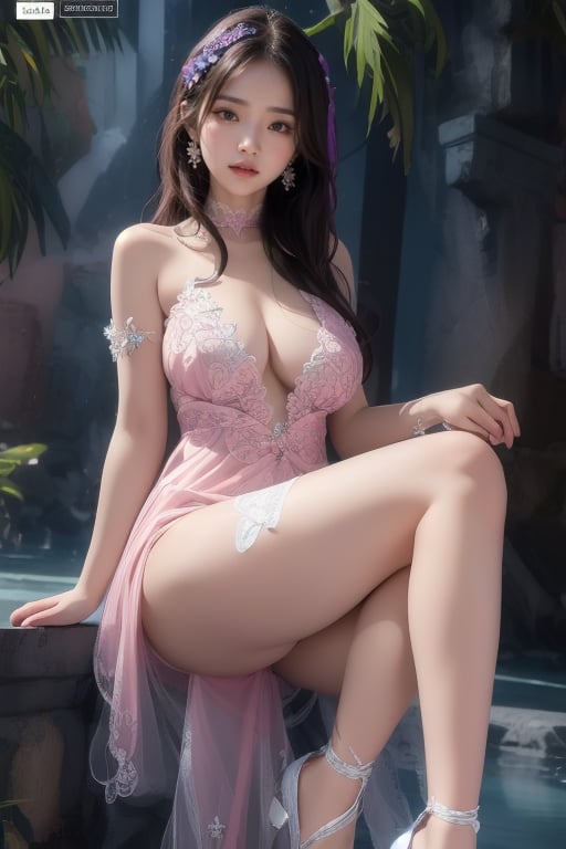 gothic style blue eyes, Gorgeous various lace Sheer gauze, Various purple and pink see-through full lace sexy evening gowns,4k good quality package
,ASU1,viking,perfect light,High detailed 
22 years old Korea girl, idol_master,beauty, charming smile,full_body
Gorgeous tulle that shows through your figure
head slightly raised,full_body, Model photo poses
Show off the whole legs,details , 
Various charming sitting postures
on the wide beach,outdoor
The degree of see-through throughout the entire body of clothing is consistent,extreme perspective
,The chest part is extremely see-through