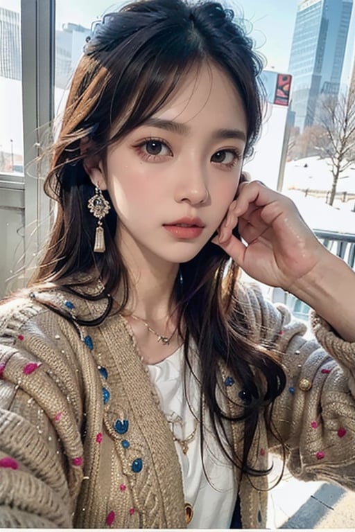 a beautiful young girl, oval face, frosty lips, small earrings,intricate high quality details,city background photorealistic,idol,Korean,perfect light,korean,beauty,the face is almost the same as photo ,24 years old ,little smile ,Retouch photo proportions to normal,Focus on facial features,Extremely realistic