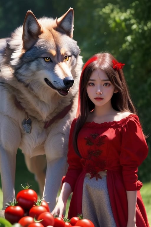 A young sexy girl with red, 24 years old,height 168 cm,in her farming costume, harvests tomato, (bangs), Light A handsome wolf follows her,The relationship between the wolf and the girl appears to be extremely close
,the girl is smiling 