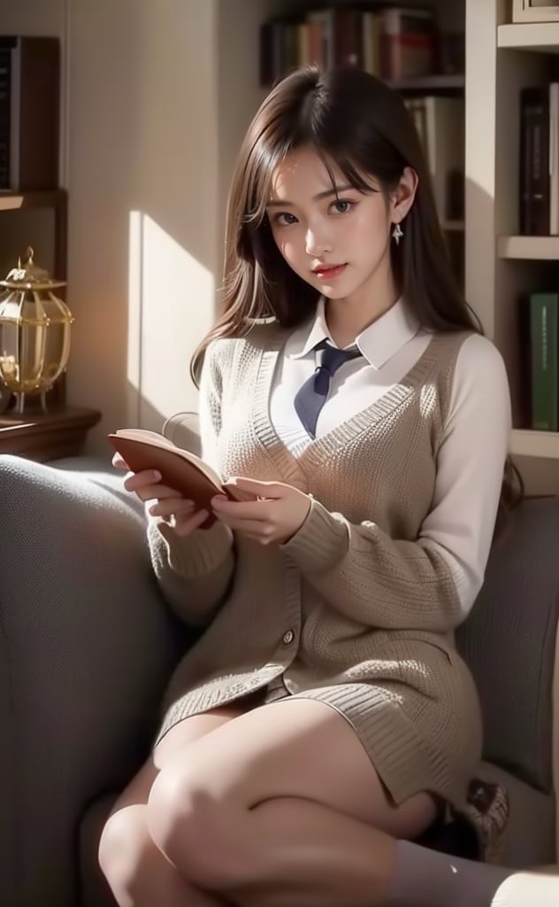 A serene scene unfolds: a single girl sits comfortably indoors, surrounded by a bookshelf. Her long, brown hair cascades down her back as she flashes a warm smile. A white collared shirt with long sleeves complements her outfit, paired with black socks and a striking striped necktie.and earrings glint in the soft light. Brown eyes sparkle as she gazes into the distance, lost in thought or reading the book held delicately in her hands. The rest of her figure remains out of frame, leaving the viewer's imagination to fill in the details. Hold an open book on your head with both hands, close one eye, look playful and charming, smile happily,High-quality portraits