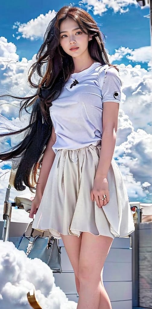 (1girl:1.2), (big smile), beautiful face, Amazing face and eyes, long silky brown hair, wearing white t shirt, delicate, (Best Quality:1.4), (Ultra-detailed), (extremely detailed beautiful face), cute smile, brown eyes, (highly detailed Beautiful face), (summer high school uniform:1.2), (extremely detailed CG unified 8k wallpaper), Highly detailed, High-definition raw color photos, Professional Photography, Realistic portrait, Extremely high resolution, smiling, (Clouds all over the sky, cloudy sky, lots of clouds:1.5), (cloudy day:1.5), half figure,perfect hands and legs ,Slim oriental figure