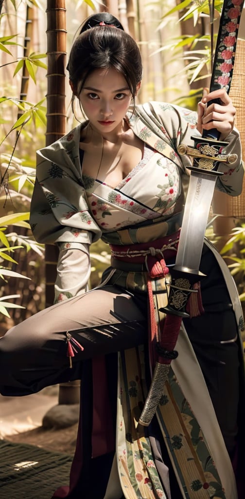 A stunning Taiwanese beauty, 23 years old, stands confidently amidst a serene bamboo grove, her flowing white dress with elegant long slits showcasing her toned physique as she draws a Japanese traditional samurai sword with perfectly proportioned legs exuding sensuality. Her pose captures the essence of holding the katana with clear, high-quality detail, the hilt wrapped in traditional Japanese style and scabbard ornately decorated. Her expression conveys murderous intent as she displays the sword with precision, echoing Xuer Ai Yazawa's aesthetic. The composition frames her captivating figure against the peaceful bamboo backdrop, highlighting her power and beauty. She holds an exquisite katana with both hands, her fingers gripping the hilt firmly yet gracefully. The katana is long, slender, and gracefully curved,The hand proportions are displayed normally, with no disconnection or deformation.,xuer ai yazawa style girl