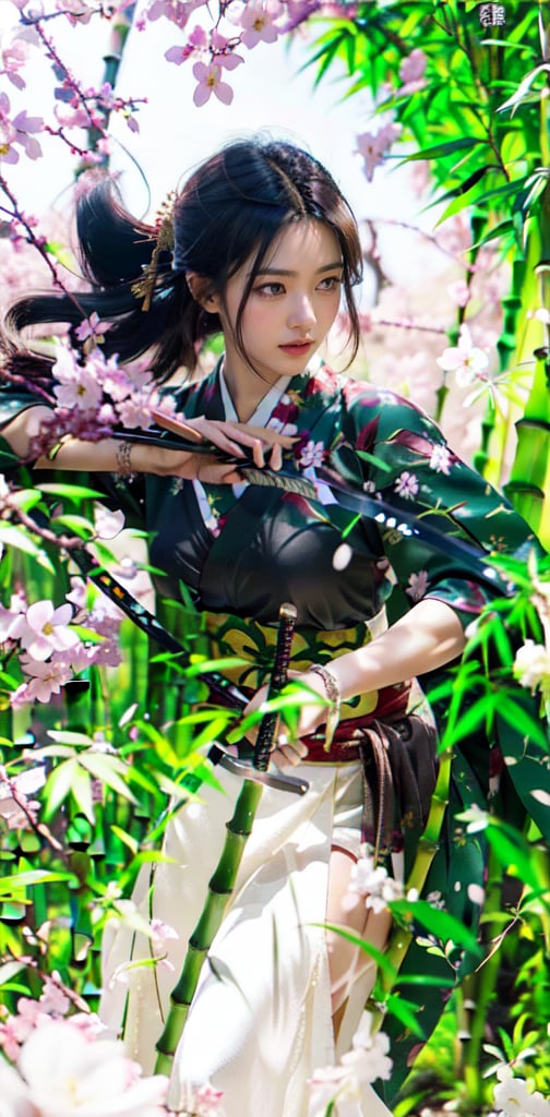 A stunning Taiwanese beauty, 23 years old, stands confidently amidst a serene bamboo grove, her flowing white dress with elegant long slits showcasing her toned physique as she draws a Japanese traditional samurai sword with perfectly proportioned legs exuding sensuality. Her pose captures the essence of holding the katana with clear, high-quality detail, the hilt wrapped in traditional Japanese style and scabbard ornately decorated. Her expression conveys murderous intent as she displays the sword with precision, echoing Xuer Ai Yazawa's aesthetic. The composition frames her captivating figure against the peaceful bamboo backdrop, highlighting her power and beauty. She holds an exquisite katana with both hands, her fingers gripping the hilt firmly yet gracefully. The katana is long, slender, and gracefully curved,The hand proportions are displayed normally, with no disconnection or deformation.,xuer ai yazawa style girl, The girl has a serious expression and is full of murderous intent