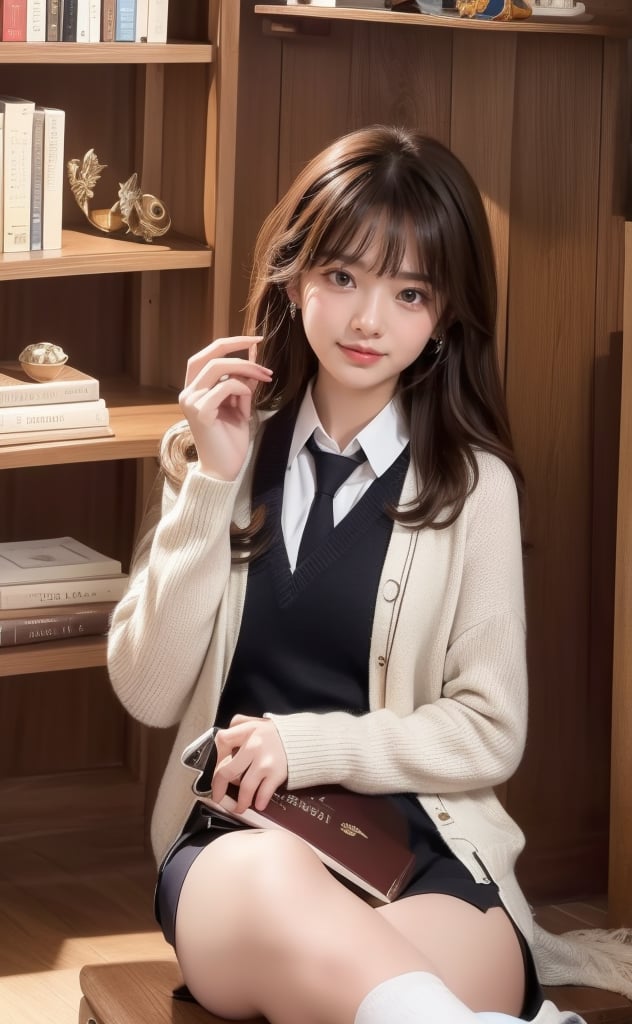 A serene scene unfolds: a single girl sits comfortably indoors, surrounded by a bookshelf. Her long, brown hair cascades down her back as she flashes a warm smile. A white collared shirt with long sleeves complements her outfit, paired with black socks and a striking striped necktie.and earrings glint in the soft light. Brown eyes sparkle as she gazes into the distance, lost in thought or reading the book held delicately in her hands. Hold an open book on your head with both hands, close one eye, look playful and charming, smile happily,High-quality portraits,More playful and cute ingredients,one eye is close 