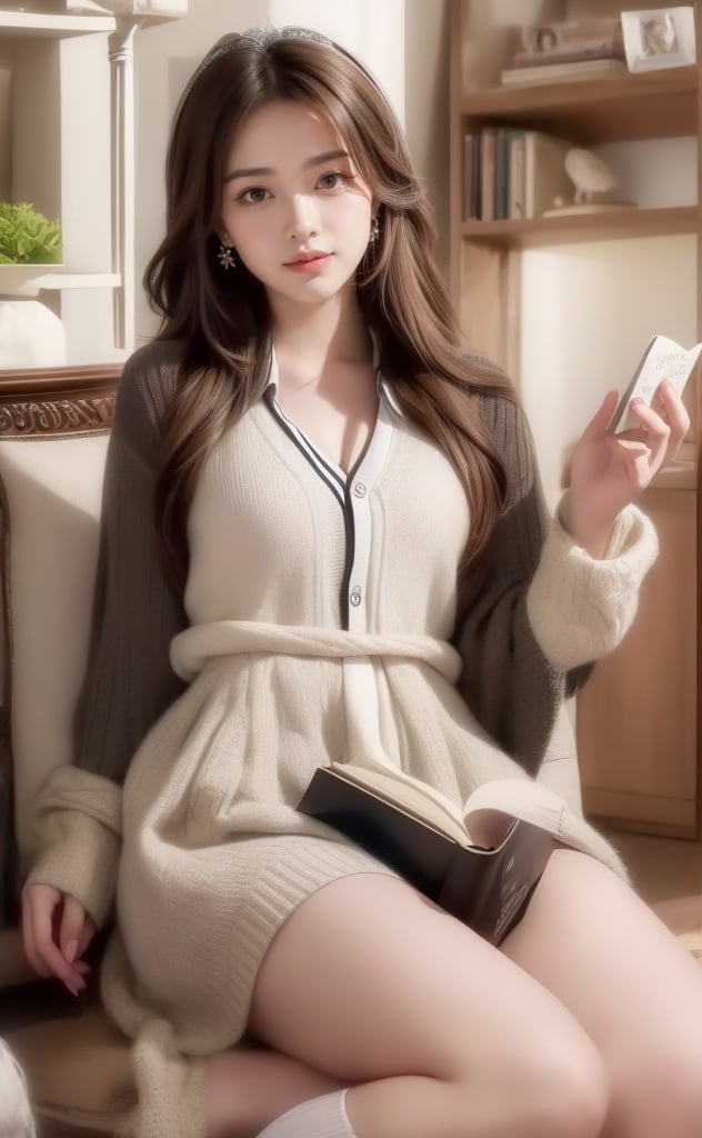 A serene scene unfolds: a single girl sits comfortably indoors, surrounded by a bookshelf. Her long, brown hair cascades down her back as she flashes a warm smile. A white collared shirt with long sleeves complements her outfit, paired with black socks and a striking striped necktie.and earrings glint in the soft light. Brown eyes sparkle as she gazes into the distance, lost in thought or reading the book held delicately in her hands. The rest of her figure remains out of frame, leaving the viewer's imagination to fill in the details. Hold an open book on your head with both hands, close one eye, look playful and charming, smile happily,High-quality portraits,More playful and cute ingredients