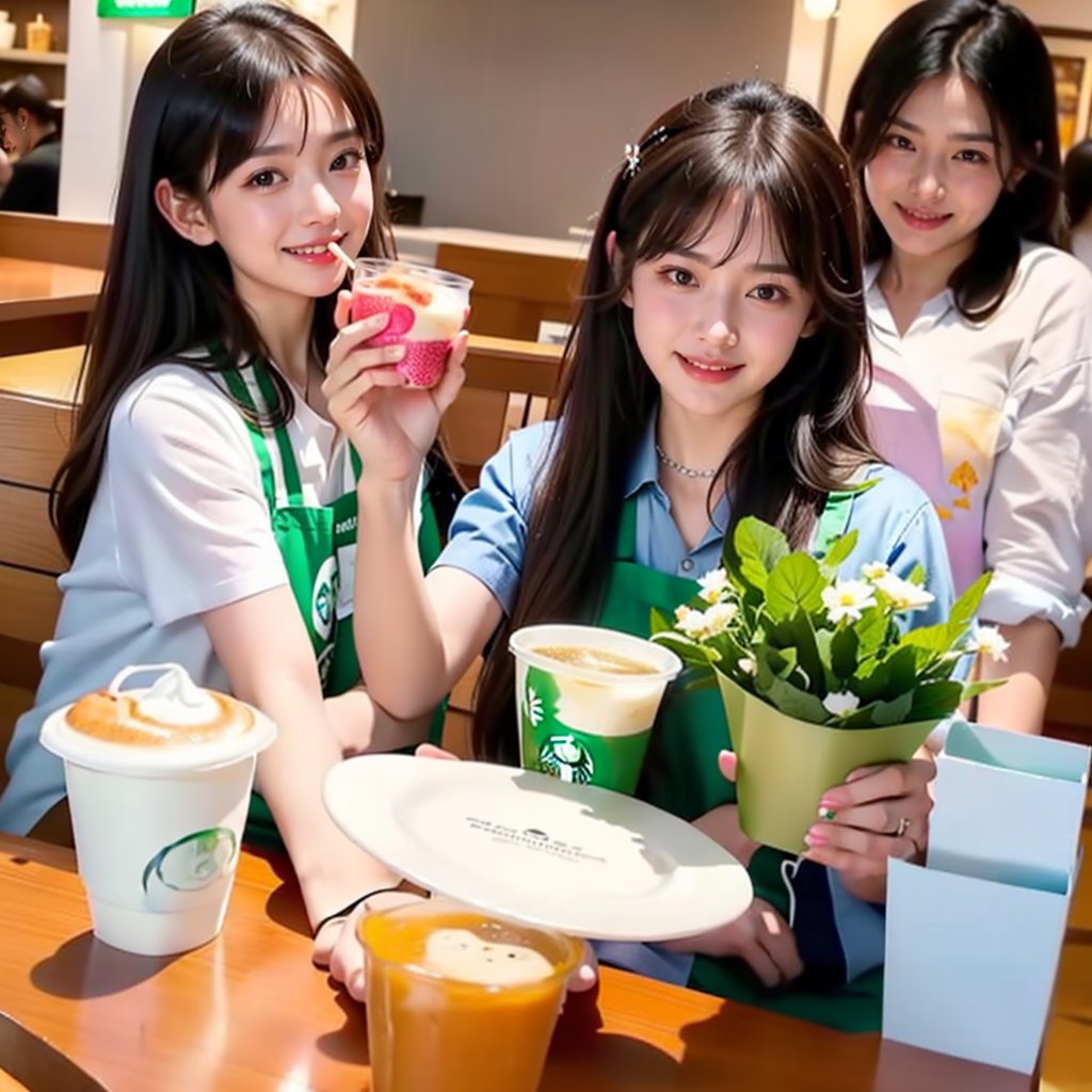 Three girls with long brown hair and bangs sit around a cozy cafe table. One boy stands beside them, holding a spoon in his hand. Multiple girls wear white shirts with short sleeves, adorned with jewelry and hair ornaments featuring flowers. One girl sports a black choker and another wears a green apron. The atmosphere is lively, with cups and plates scattered about. The subjects' bright smiles and playful grins capture the carefree moment. A meme-worthy scene unfolds as they enjoy their food and drinks indoors.The background is the interior of a Starbucks coffee shop,Because the girl holds the milk popsicle in her hand and puts it into her mouth, the melted milk flows all over the girl's mouth