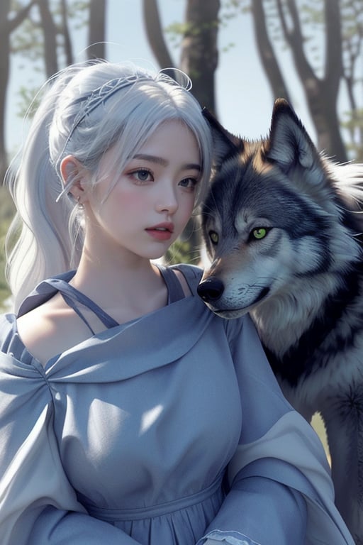 Majestic Nahida, with her stunning white hair styled in a side ponytail and striking green eyes (1.5), gazing lovingly at a majestic wolf companion. The wolf's gray and black fur blends seamlessly into the sky background as it nuzzles Nahida's face. Her beautiful detail eyes seem to sparkle with affection, while her pointy ears subtly frame her face. With one eye closed in a serene expression, Nahida exudes a sense of peaceful harmony with nature. The wolf looks handsome ,smiling ,full body