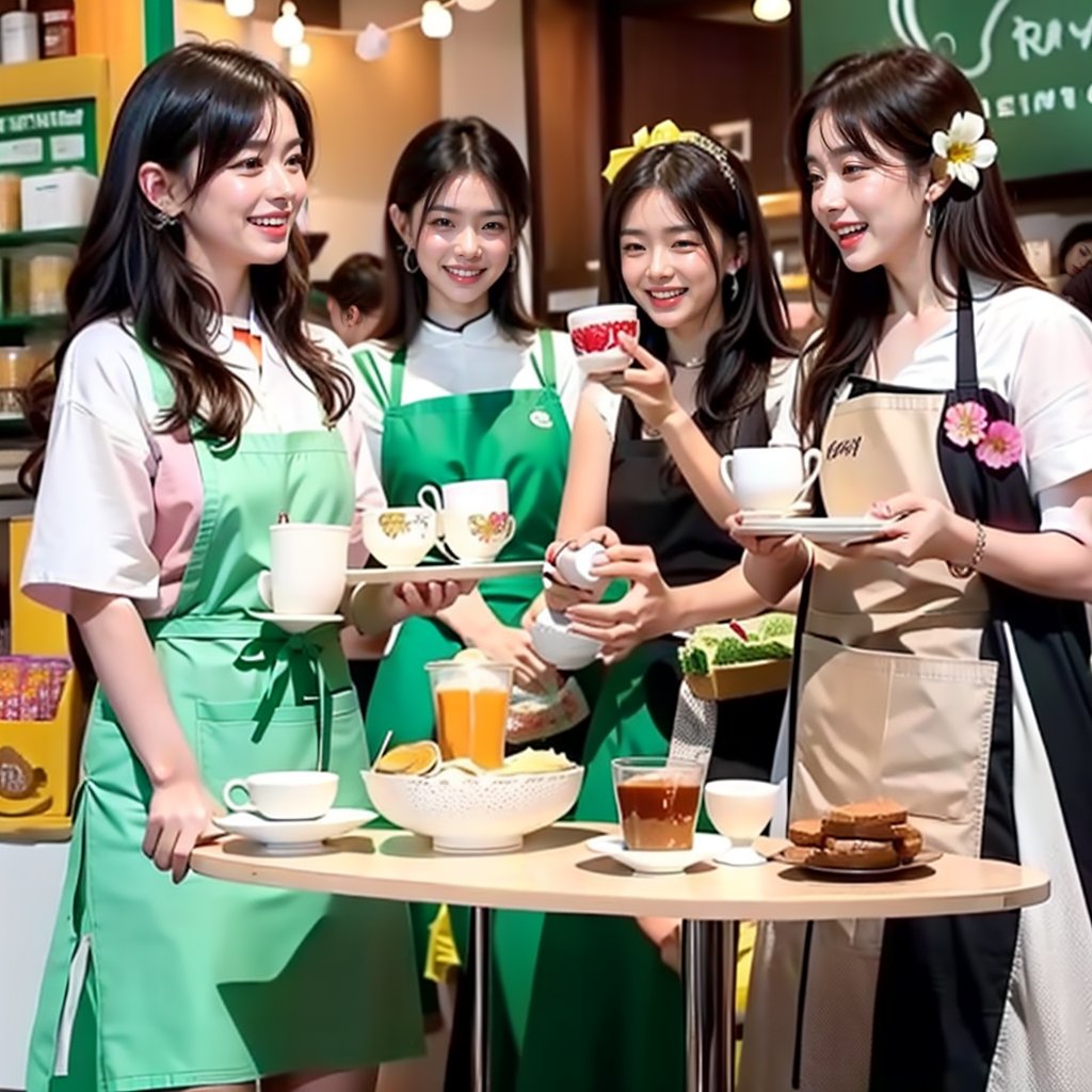 Vibrant cafe setting at a bustling Starbucks: Three friends with long brown hair and bangs gather around a cozy table, surrounded by scattered cups and plates. One boy stands beside them, holding a spoon as they savor their treats. The girls wear white shirts with short sleeves, adorned with flower-patterned jewelry and hair ornaments. Amidst the joyful chaos, one girl drinks milk, her lips and chin glistening with spilled milk. Capturing the carefree moment: friends laughing and chatting, boy's thoughtful gaze, cups and plates in disarray, green apron, black choker, joyful atmosphere.