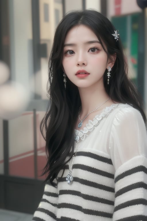 a beautiful young girl, oval face, frosty lips, small earrings,intricate high quality details,city background photorealistic,idol,Korean,perfect light,korean,beauty