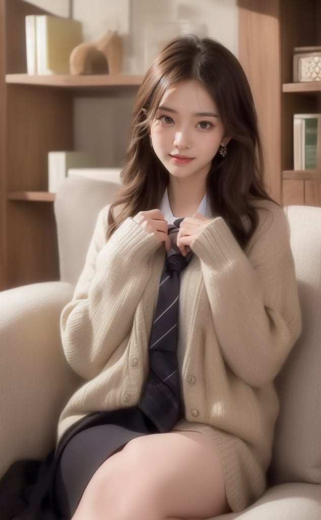 A serene scene unfolds: a single girl sits comfortably indoors, surrounded by a bookshelf. Her long, brown hair cascades down her back as she flashes a warm smile. A white collared shirt with long sleeves complements her outfit, paired with black socks and a striking striped necktie.and earrings glint in the soft light. Brown eyes sparkle as she gazes into the distance, lost in thought or reading the book held delicately in her hands. The rest of her figure remains out of frame, leaving the viewer's imagination to fill in the details. Hold an open book on your head with both hands, close one eye, look playful and charming, smile happily,High-quality portraits,More playful and cute ingredients