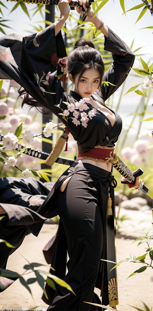 A stunning Taiwanese beauty, 23 years old, stands confidently amidst a serene bamboo grove, her flowing white dress with elegant long slits showcasing her toned physique as she draws a Japanese traditional samurai sword with perfectly proportioned legs exuding sensuality. Her pose captures the essence of holding the katana with clear, high-quality detail, the hilt wrapped in traditional Japanese style and scabbard ornately decorated. Her expression conveys murderous intent as she displays the sword with precision, echoing Xuer Ai Yazawa's aesthetic. The composition frames her captivating figure against the peaceful bamboo backdrop, highlighting her power and beauty. She holds an exquisite katana with both hands, her fingers gripping the hilt firmly yet gracefully. The katana is long, slender, and gracefully curved,The hand proportions are displayed normally, with no disconnection or deformation.,xuer ai yazawa style girl, The girl has a serious expression and is full of murderous intent