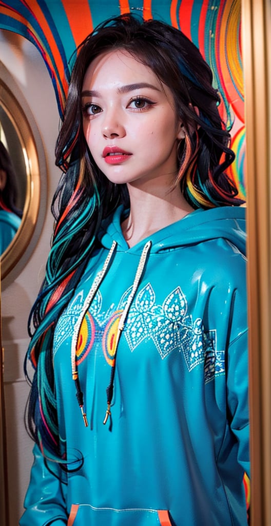 A stunning portrait of a young woman dressed in a vibrant, multicolored hoodie with swirling patterns of blue, orange, and teal. Her long, flowing hair cascades down her shoulders, complementing the intricate design of her outfit. The background mirrors the psychedelic patterns of her attire, creating a seamless, mesmerizing effect. The woman's expression is calm and confident, her gaze directed towards the viewer. The overall scene exudes a sense of bold, artistic flair and modern fashion.,best quality