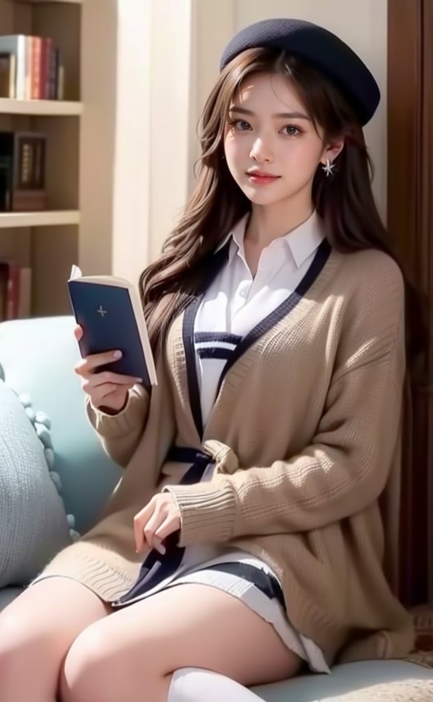 A serene scene unfolds: a single girl sits comfortably indoors, surrounded by a bookshelf. Her long, brown hair cascades down her back as she flashes a warm smile. A white collared shirt with long sleeves complements her outfit, paired with black socks and a striking striped necktie. A hat adorns her head, and earrings glint in the soft light. Brown eyes sparkle as she gazes into the distance, lost in thought or reading the book held delicately in her hands. The rest of her figure remains out of frame, leaving the viewer's imagination to fill in the details. Hold an open book on your head with both hands, close one eye, look playful and charming, smile happily,High-quality portraits