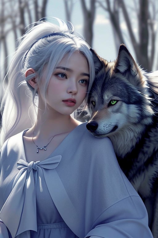 Majestic Nahida, with her stunning white hair styled in a side ponytail and striking green eyes (1.5), gazing lovingly at a majestic wolf companion. The wolf's gray and black fur blends seamlessly into the sky background as it nuzzles Nahida's face. Her beautiful detail eyes seem to sparkle with affection, while her pointy ears subtly frame her face. With one eye closed in a serene expression, Nahida exudes a sense of peaceful harmony with nature. The wolf looks handsome ,smiling 