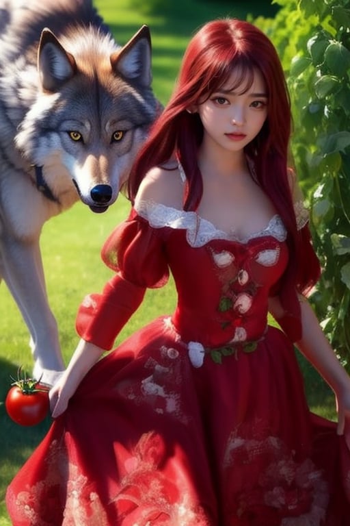 A young sexy girl with red, 22 years old,in her farming costume, harvests tomato, (bangs), Light A handsome wolf follows her,The relationship between the wolf and the girl appears to be extremely close
,the girl is smiling 