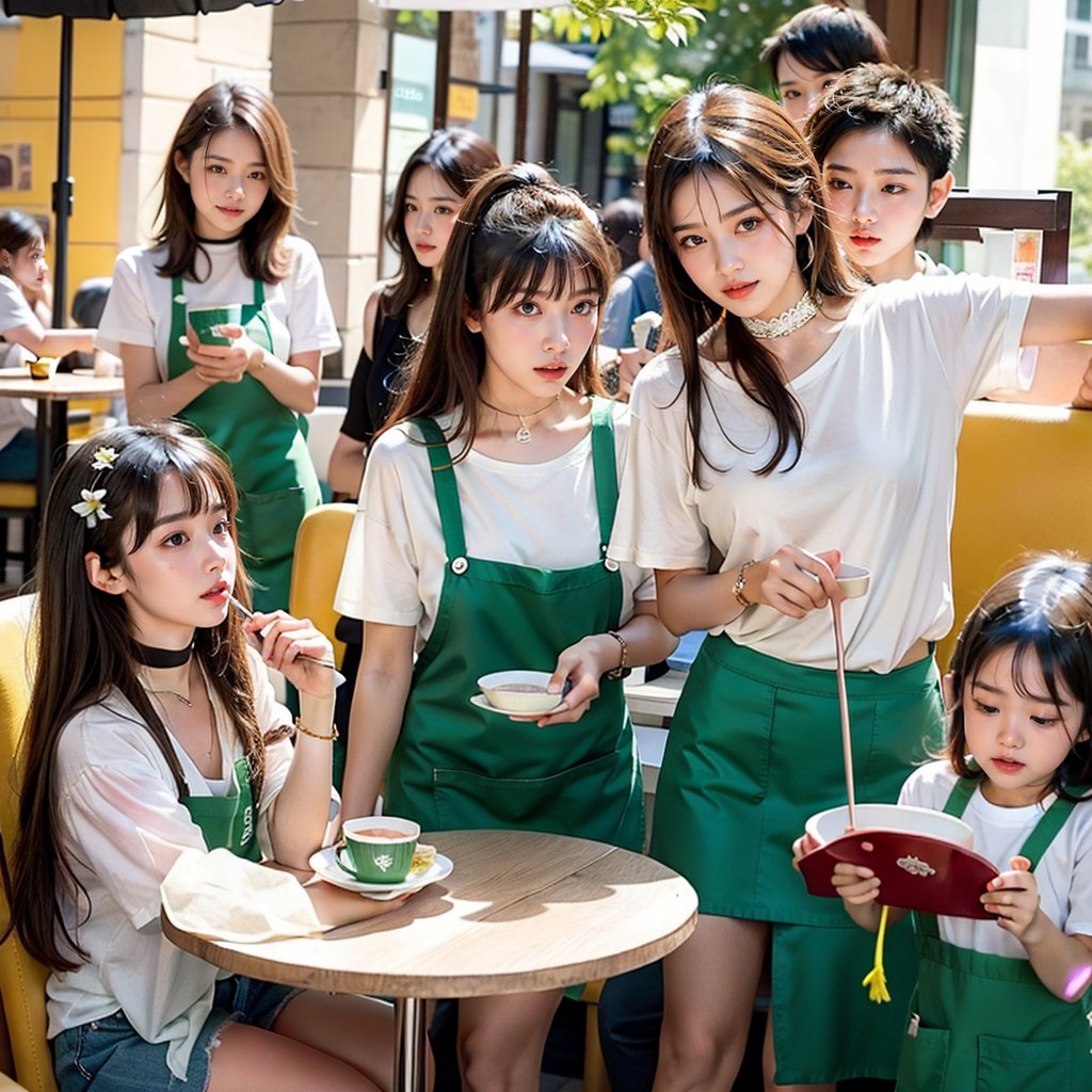 A vibrant cafe setting at a bustling Starbucks, where three friends with long brown hair and bangs gather around a cozy table. One boy stands beside them, holding a spoon as they savor their treats. Girls wear white shirts with short sleeves, adorned with flower-patterned jewelry and hair ornaments. The atmosphere is lively, with cups and plates scattered about, capturing the carefree moment. One girl sports a black choker, another a green apron. Amidst the joyful chaos, one girl drinks milk, the spilled milk flows down the girl's lips and chin,emphasizing the sense of this picture