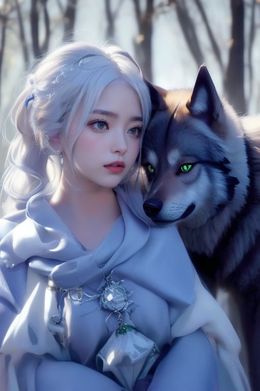 Majestic Nahida, with her stunning white hair styled in a side ponytail and striking green eyes (1.5), gazing lovingly at a majestic wolf companion. The wolf's gray and black fur blends seamlessly into the sky background as it nuzzles Nahida's face. Her beautiful detail eyes seem to sparkle with affection, while her pointy ears subtly frame her face. With one eye closed in a serene expression, Nahida exudes a sense of peaceful harmony with nature. The wolf looks handsome 