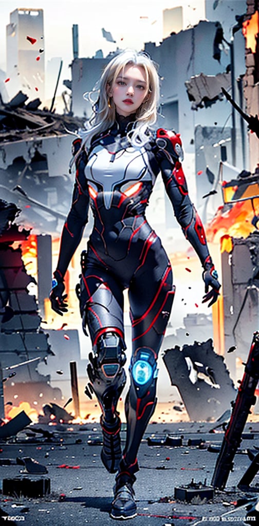 Captured in mid-stride, a lone figure emerges from the smoldering ruins: a slender young female cyborg with piercing blue eyes and striking white hair, clad in a futuristic black and red battle suit. The desolate alien battlefield stretches behind her, littered with twisted metal and shattered debris. Her gaze is fixed ahead, eyes blazing with determination as she surveys the devastation.,ghostrider,best quality,masterpiece