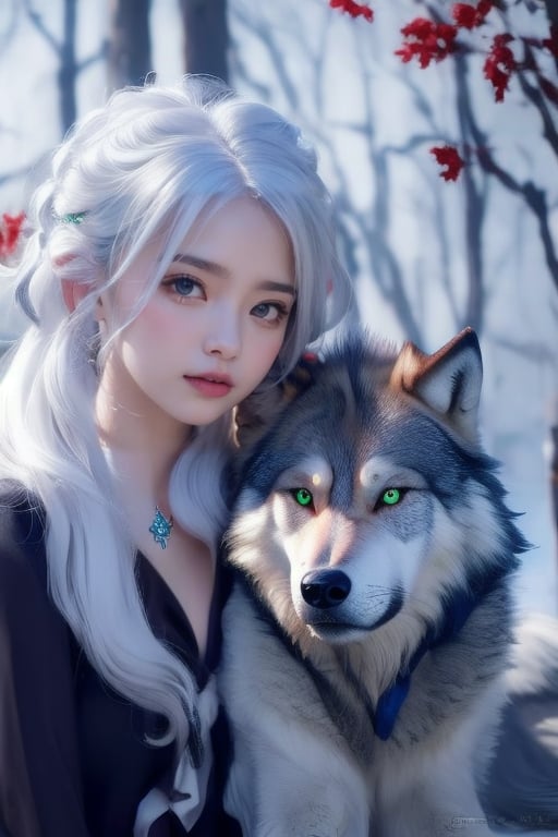 Majestic Nahida, with her stunning white hair styled in a side ponytail and striking green eyes (1.5), gazing lovingly at a majestic wolf companion. The wolf's gray and black fur blends seamlessly into the sky background as it nuzzles Nahida's face. Her beautiful detail eyes seem to sparkle with affection, while her pointy ears subtly frame her face. With one eye closed in a serene expression, Nahida exudes a sense of peaceful harmony with nature. The wolf looks handsome 