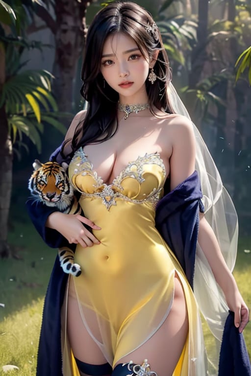 A serene grassland landscape frames a stunning girl, dressed in a radiant yellow see-through evening gown and leopard print stockings, standing harmoniously beside her majestic friend, a tiger. The tiger's gentle gaze and the girl's beaming smile convey their deep bond. Soft sunlight illuminates the scene, with the warm hues of the dress and the tiger's fur blending seamlessly. The girl leans casually against the tiger, exuding trust and joy. The 4K quality captures every intricate detail, from the grass blades to the subtle texture of the tiger's fur. The girl is holding a cute little tiger and looks very happy