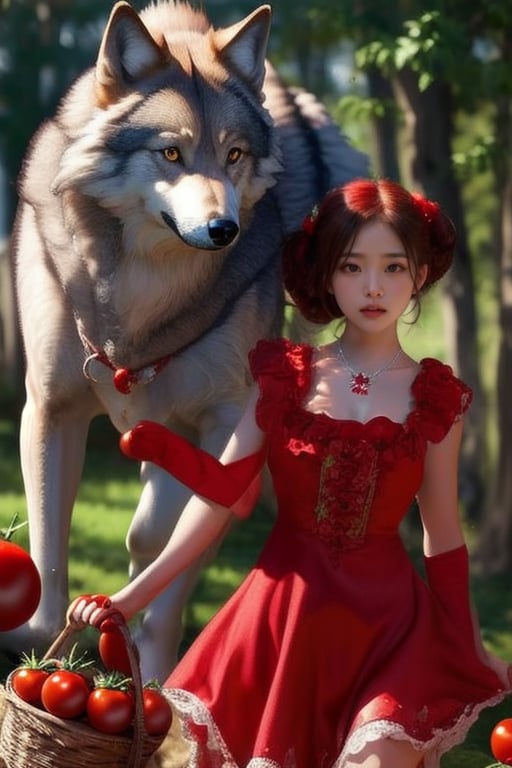 A young sexy girl with red, 22 years old,in her farming costume, harvests tomato, (bangs), Light A handsome wolf follows her,The relationship between the wolf and the girl appears to be extremely close
,the girl is smiling 