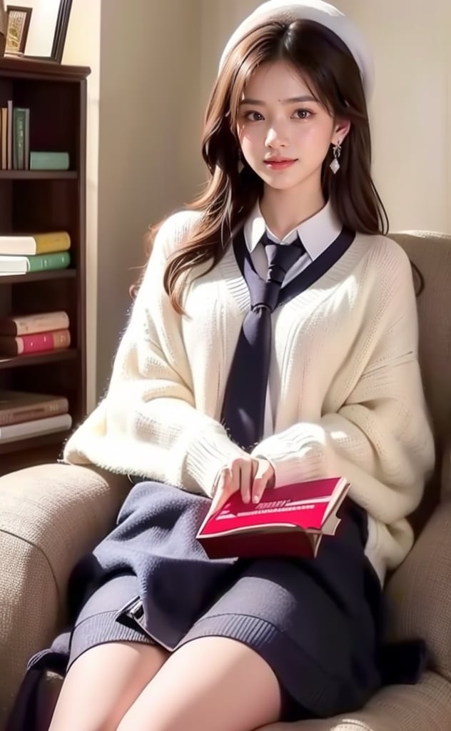 A serene scene unfolds: a single girl sits comfortably indoors, surrounded by a bookshelf. Her long, brown hair cascades down her back as she flashes a warm smile. A white collared shirt with long sleeves complements her outfit, paired with black socks and a striking striped necktie. A hat adorns her head, and earrings glint in the soft light. Brown eyes sparkle as she gazes into the distance, lost in thought or reading the book held delicately in her hands. The rest of her figure remains out of frame, leaving the viewer's imagination to fill in the details. Hold an open book on your head with both hands, close one eye, look playful and charming, smile happily