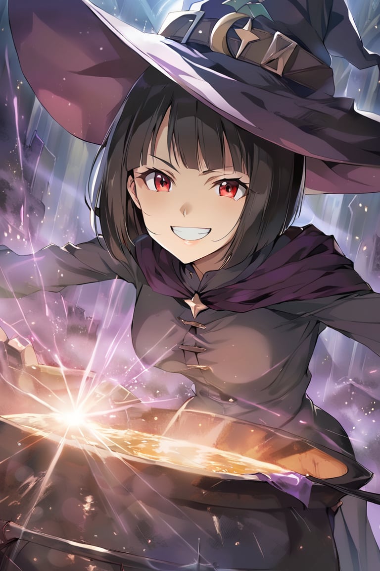 score_9, score_7, score_8, source_anime, absurdres, 8k, cinematic lighting, perfectly composed, (1girl),witch, black hair, bobcut hairstyle,red eyes,(wide grin), witch hat, boiling cauldron,dark night, purple fog, rays of light,lens flare,sabbath, cgi,high angle, cinematic view