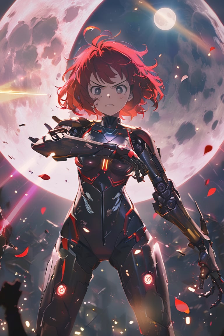 score_9, score_7, score_8, source_anime, absurdres, 8k, cinematic lighting, perfectly composed, (1girl), angry,red hair, short messy hair,black_eyes,mechanical bodysuit,damaged body,((severed arm)),oil leaking,dirty metal, sparks,petals,moon,out of space,darkness,artificial rays of light,lens flare,cgi, pastel style, colorful