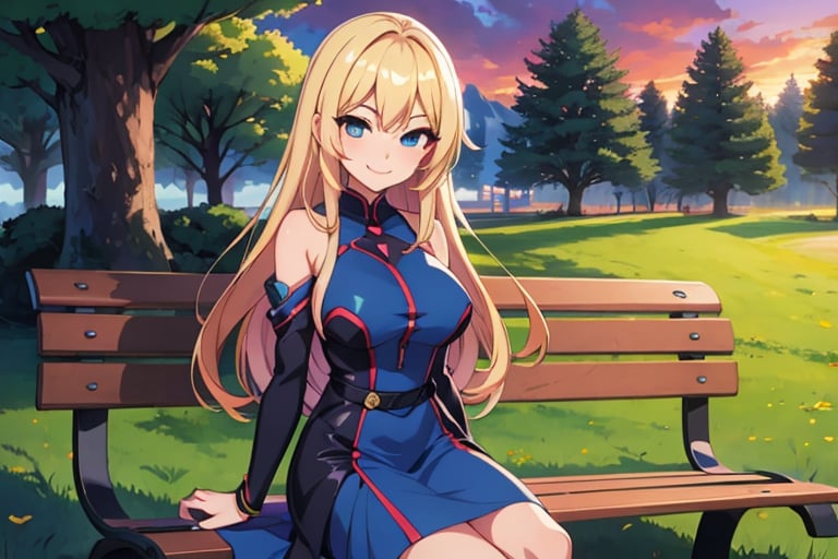 Anime girl smiling, sitting on a bench in the park, defined curves, long blonde hair, red and blue dress, background: large set of trees at dusk.,Colors