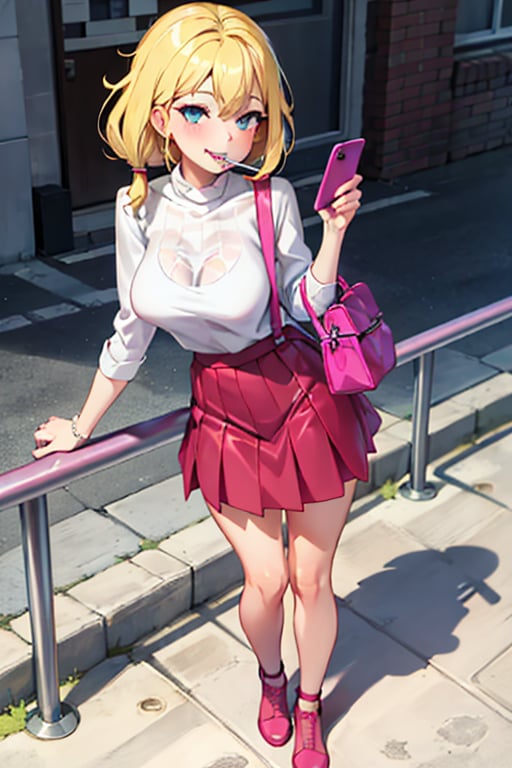 Anime girl, blonde hair, pigtail hairstyle, tight red skirt, gold top, lollipop in her mouth, happy expression, standing on the street, leaning on a handrail, looking at the phone, light skin, pink underwear, bag in hand , background: busy street, clear day, concrete floor,spidergwen,lollipop,tgout