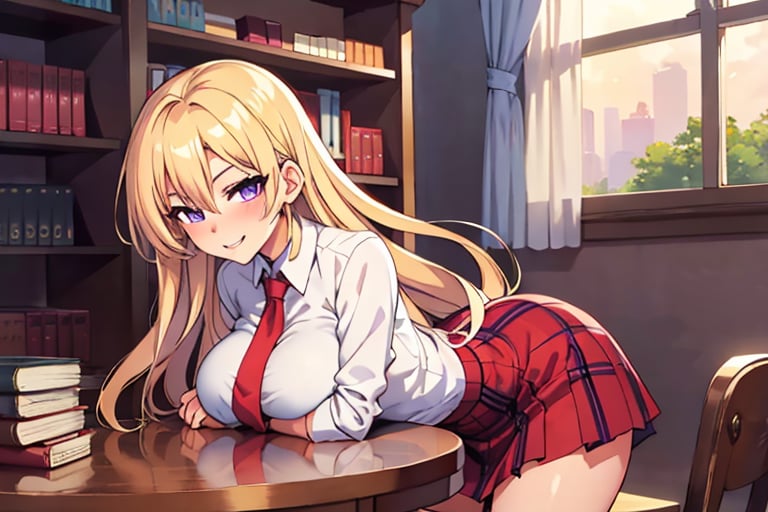 Anime girl, shy, blushing, smiling, long blonde hair, sitting on a wooden chair, leaning her chest on a table, defined curves, low-cut white shirt, red checkered skirt, purple eyes, arms crossed, background: library, light warm, without people behind, window on the right, day,