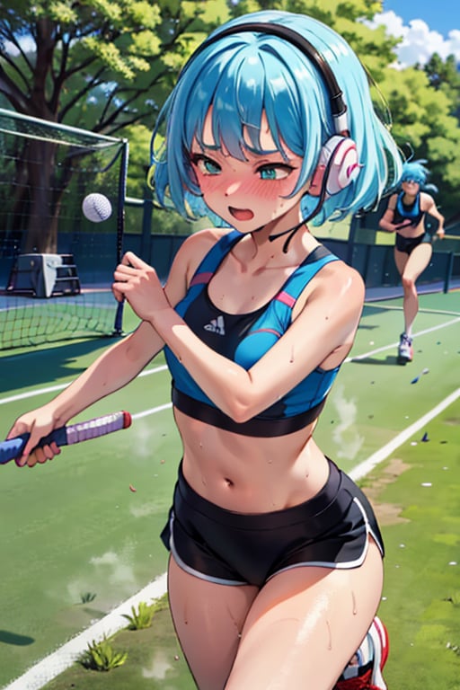 Anime girl, short blue hair, running in the park, tight black sports shorts, tight black sports bra, defined curves, small headphones with white headphones, blushing, sweaty, white tennis shoes, green soles, background: park with many trees, by the tomorrow, men running after,