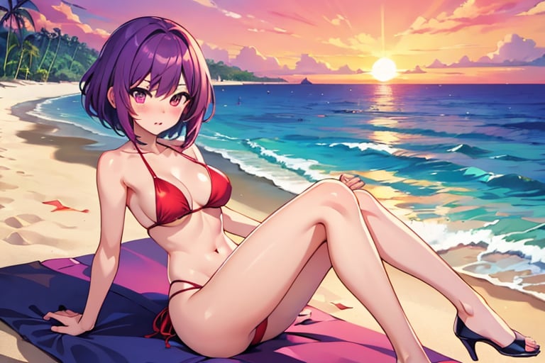 Anime girl, short purple hair, sitting on the sand, legs outstretched, red bikini, blushing, shy, light skin, background: beach, sunset, people in the distance, defined curves.,Colors,