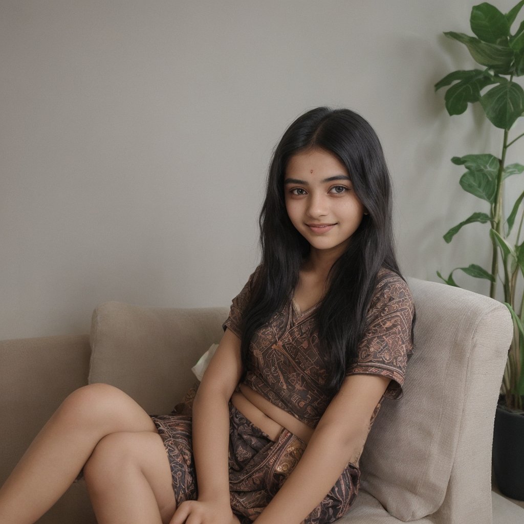 beautiful cute young attractive indian teenage
girl, village girl, 18 years old, cute, Instagram
model, long black_hair, colorful hair, warm, in
home sit at sofa, indian, little smiling, smooth face,Beautiful Instagram Model,Indian Model