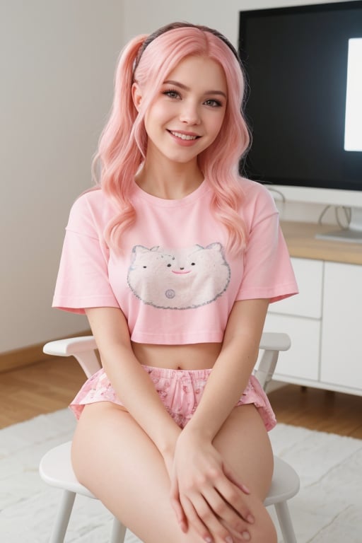 hyperrealistic photo of Belle Delphine sitting on a chair in front of a computer, making a video for YouTube. She is wearing comfortable and cute clothes, like a pink t-shirt and white pajamas. Her hair is loose and in a cute hairstyle. She is smiling for the camera and seems to be having a lot of fun recording the video. The environment is simple and cozy, with a room illuminated by soft white light. The image should have a cinematic style, with focus on Belle's beauty and her cute and laid-back personality. 