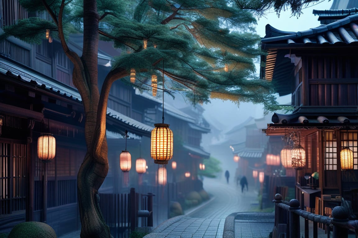 A serene anime-inspired scene set in ancient Edogawa, Japan. A misty veil shrouds the traditional town, with intricately crafted wooden buildings and ancient temples standing tall. The atmosphere is mystical, with subtle lighting casting a warm glow on the rustic stone streets. In the center of the frame, an ornate paper lantern hangs delicately from a willow tree branch, its gentle sway creating a sense of tranquility.