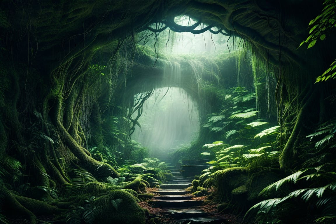 A mystical cave entrance beckons from the heart of a lush jungle, surrounded by a tapestry of emerald leaves and vines. The air is thick with misty fog, illuminated by shafts of dappled light filtering through the canopy above. A sprawling tree root snakes around the entrance, its gnarled bark covered in moss and ferns. In the background, the dense forest stretches out, teeming with exotic flora and fauna.