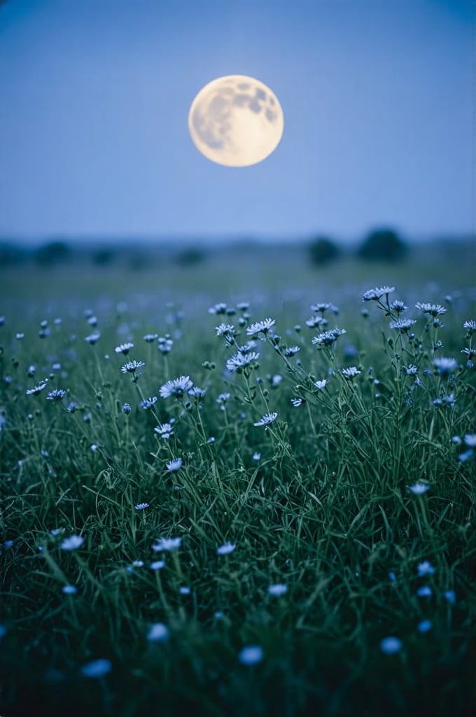 A serene moonlit scene: a vast expanse of rolling plains stretches out before us, under the soft glow of a full moon. Amidst this tranquil landscape, a scattering of delicate blue flowers dots the terrain, their petals shimmering like tiny jewels in the lunar light. The flowers' stems sway gently in the night breeze, as if dancing to the rhythm of crickets and distant whippoorwills. ultra quality, ultra detailed, RAW photo, (high detailed skin:1.2), 8k uhd, dslr, soft lighting, high quality, film grain, Fujifilm XT3, dramatic light, dynamic lighting, shadow, Bokeh, Professional, Digital Artwork, highlighted, global illumination, rim light . Loose brushwork, vibrant color, light and shadow play, captures feeling over form