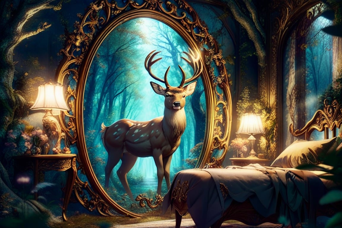 In a whimsical anime-inspired setting, a mystical forest surrounds a cozy bedroom, where a majestic stag stands proudly in front of a ornate mirror. The camera captures the scene in a tight, closed shot, emphasizing the stag's regal presence and the room's enchanting atmosphere.