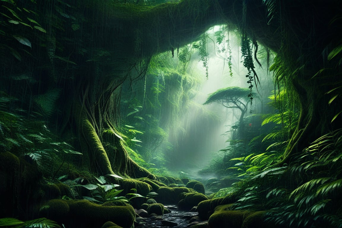 A mystical cave entrance beckons from the heart of a lush jungle, surrounded by a tapestry of emerald leaves and vines. The air is thick with misty fog, illuminated by shafts of dappled light filtering through the canopy above. A sprawling tree root snakes around the entrance, its gnarled bark covered in moss and ferns. In the background, the dense forest stretches out, teeming with exotic flora and fauna.