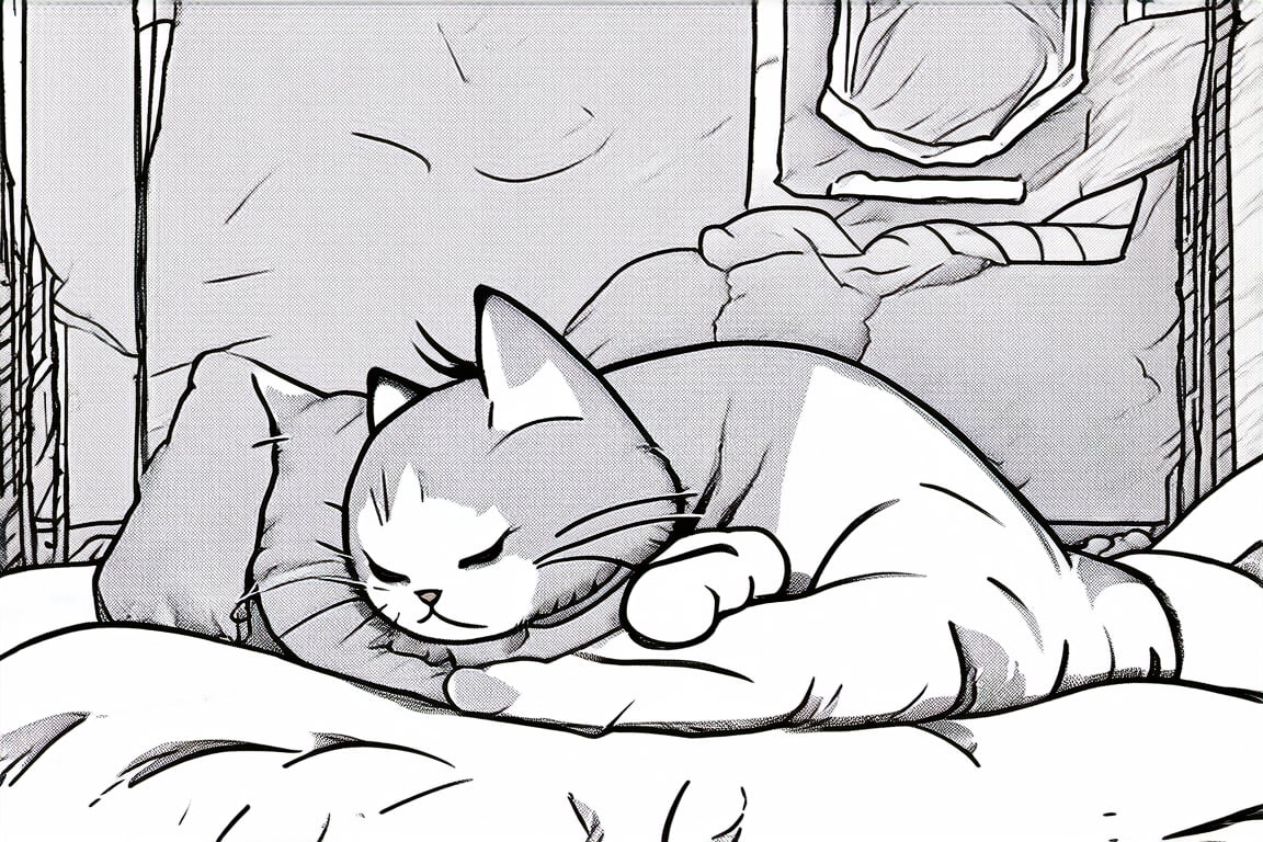 Manga style illustration,line art,pencil art, cat, sleeping, closed eyes, closed mouth, lying on the bed 