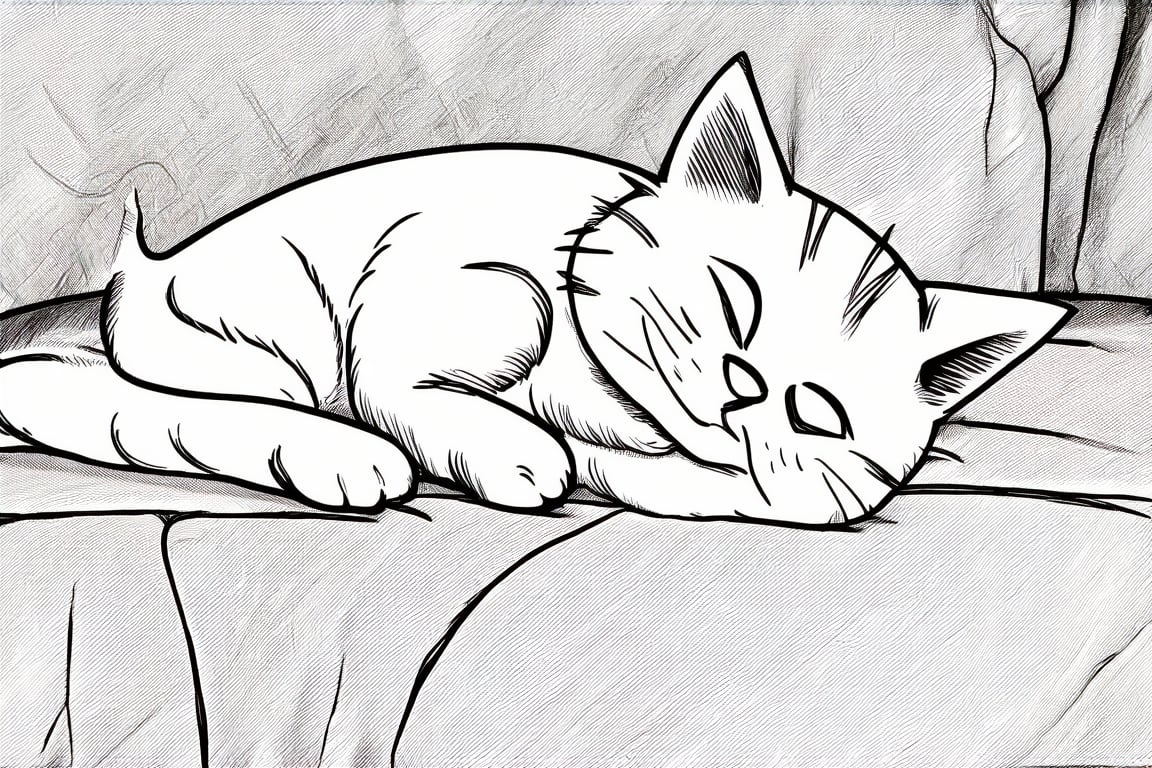 Manga style illustration,line art,pencil art, cat, sleeping, closed eyes, closed mouth, lying on the bed 