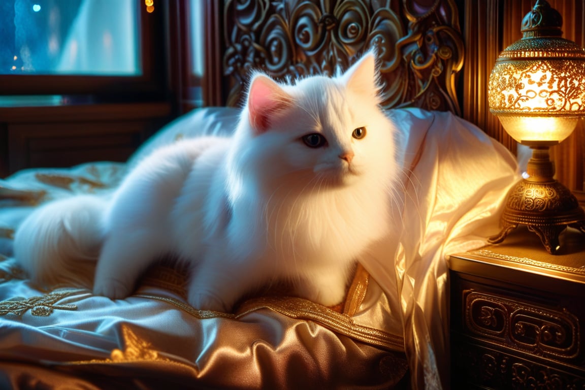 An anime style scene. In a soft, golden-lit bedroom with ornate wooden carvings on the headboard, a petite and delicate white cat lies curled up on a plush, velvety bedspread. Her fur shines like freshly fallen snow as she stretches out her slender body, purring softly to herself. The warm glow of a nearby lamp casts a flattering light upon her features, highlighting the sparkle in her emerald green eyes.