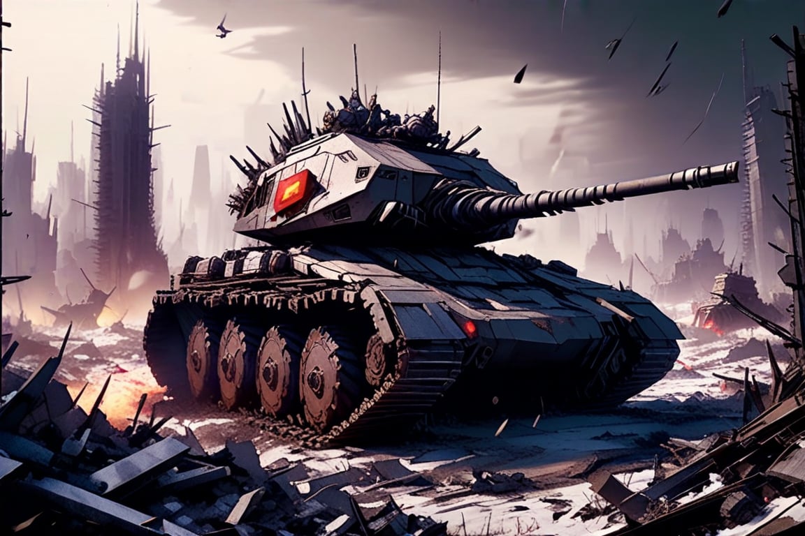 A post-apocalyptic landscape stretches out, with twisted metal and rubble as far as the eye can see. Amidst the devastation, a lone tank, its armor dented and scarred, rises from the ruins like a mechanical behemoth. In the anime style, its angular lines and bold colors stand out against the desolate backdrop. No humans are in sight, only the cold, metallic presence of the tank, a symbol of destruction and resilience.