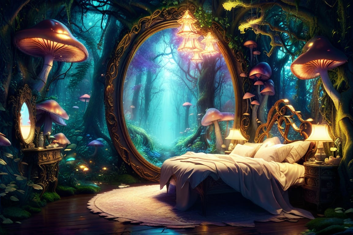 In a whimsical anime-inspired setting, a fantasy realm's mystical forest spills into a cozy bedroom. A large, ornate mirror dominates the room, its surface reflecting the soft glow of luminescent mushrooms and the gentle sway of ethereal vines. The camera captures the scene in a closed frame, focusing on the mystical atmosphere within.