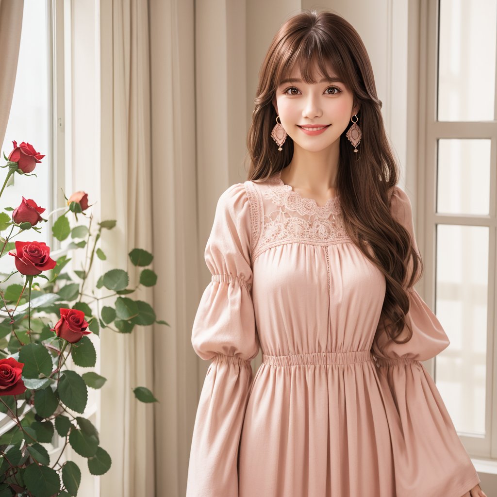 long hair, woman, earrings, smiling, bangs, brown hair, long sleeves, brown eyes, standing, closed mouth, indoors, window, comfy rose pastel dress, lips, sleeves past wrists, realistic, romantic look