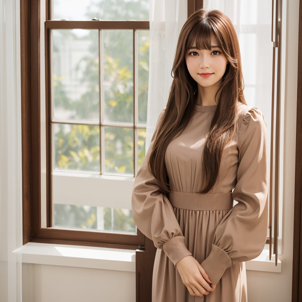 long hair, woman,smirk, bangs, brown hair, long sleeves, brown eyes, standing, closed mouth, indoors, window, professional dress, lips, sleeves past wrists, realistic