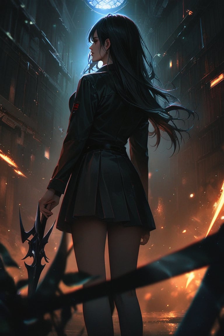 professional masterpiece, 8k, back view,1 girl , solo,hong kong school uniform, She brandishes her spear ready for battle,The tip of the spear flashed with black flames,There is a black flame on the tip of the spear,The dark surroundings accentuate the eerie ambiance, moody misty atmospherics, highres, best quality, dramatic, cinematic, epic, pantone analogue style, (concept art, digital art, realistic, dynamic, (curvilinear perspective), high view angle, establishing shot, low depth of field, tilt shift, iris blur, bokeh, sharp clarity, fine intricate details, great lighting, warm dappled soft lighting, volumetric lighting, detailed highlights, rim lighting, low-key,completely dark warehouse
,long hair ,perfect body,grace,Only the back is seen,cyberpunk