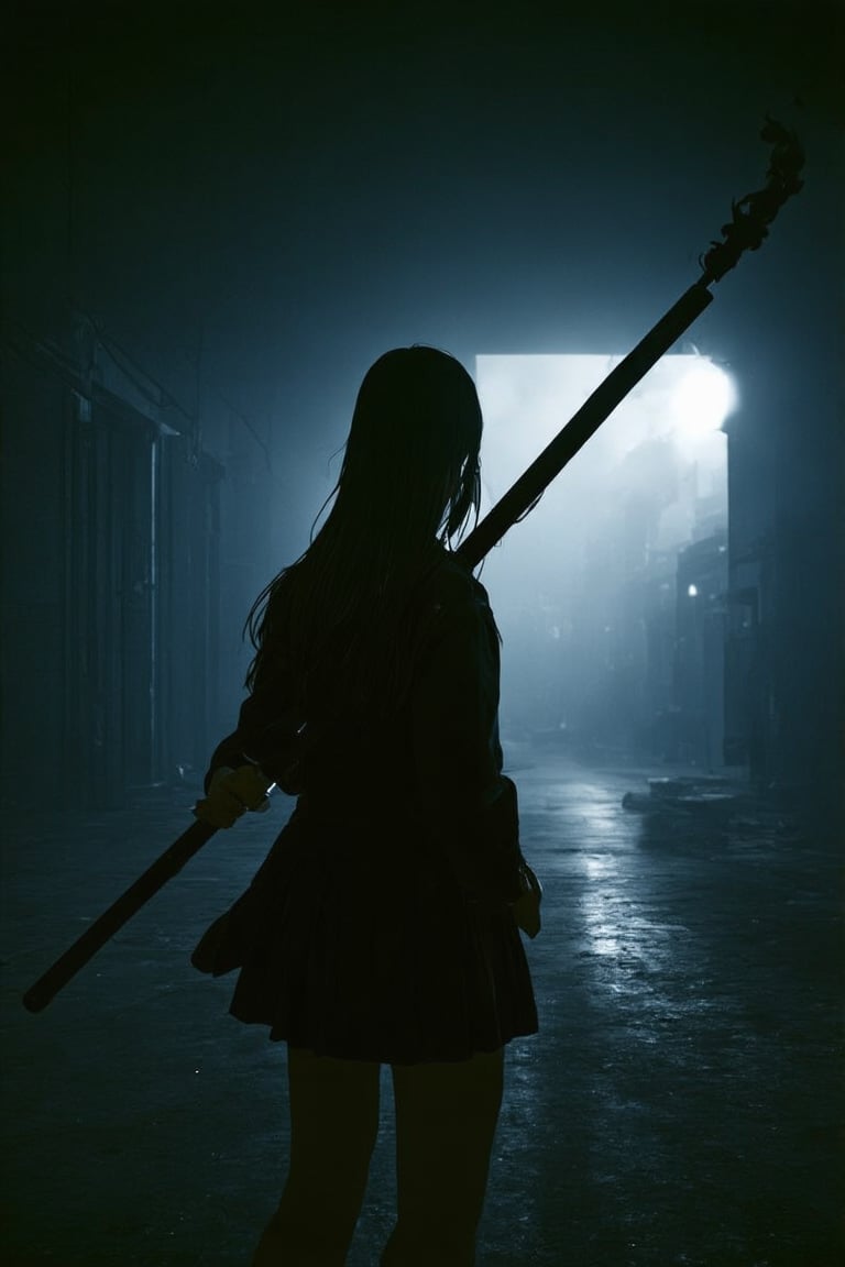 professional masterpiece, 8k, back view,1 girl , solo,hong kong school uniform, She brandishes her long stick ready for battle,The tip of the long stick flashed with black flames,There is a black flame on the tip of the long stick,The dark surroundings accentuate the eerie ambiance, moody misty atmospherics, highres, best quality, dramatic, cinematic, epic, pantone analogue style, (concept art, digital art, realistic, dynamic, (curvilinear perspective), high view angle, establishing shot, low depth of field, tilt shift, iris blur, bokeh, sharp clarity, fine intricate details, great lighting, warm dappled soft lighting, volumetric lighting, detailed highlights, rim lighting, low-key,completely dark warehouse
,long hair ,perfect body,grace,Only the back is seen,cyberpunk,
professional masterpiece, 8k, moody misty atmospherics, highres, best quality, dramatic, cinematic, epic, pantone analogue style, (concept art, digital art, realistic, dynamic, (curvilinear perspective), establishing shot, low depth of field, tilt shift, iris blur, bokeh, sharp clarity, fine intricate details, great lighting, warm dappled soft lighting, volumetric lighting, detailed highlights, rim lighting, low-key, long hair ,perfect body